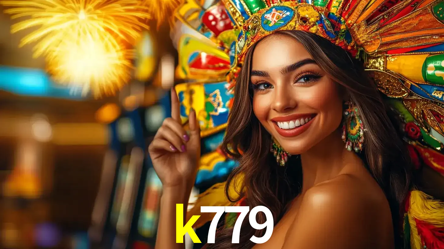 Mulher sorridente com um cocar de carnaval vibrante e colorido, celebrando uma grande vitória nos jogos do cassino k779 com fogos de artifício ao fundo.