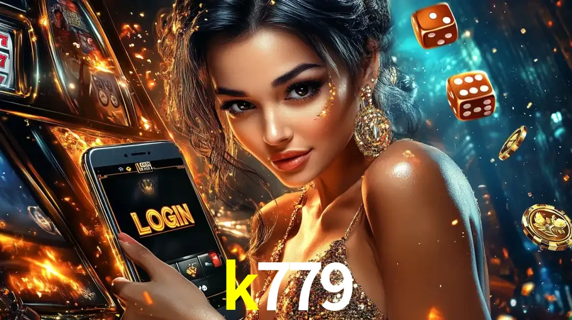 Mulher glamourosa segurando um celular com a tela de login do cassino k779, rodeada por dados e moedas douradas, pronta para começar a diversão.