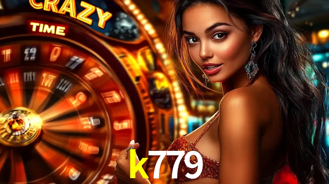 Mulher ao lado da roda de prêmios do jogo de cassino ao vivo Crazy Time, um dos shows de jogos mais emocionantes oferecidos pela plataforma de apostas k779.