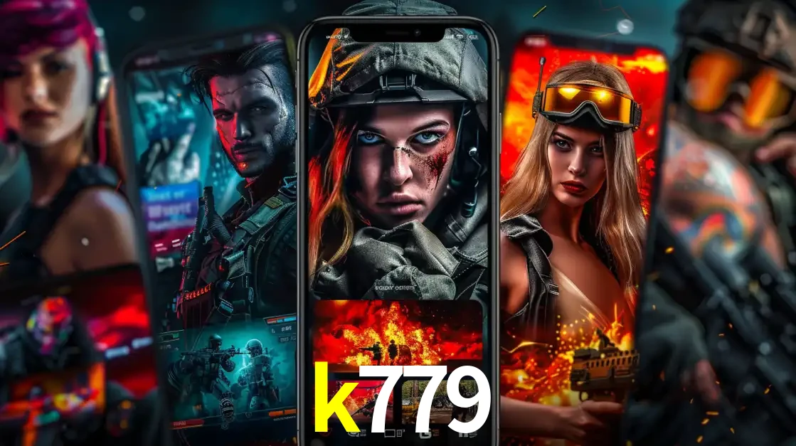 Montagem de telas de celular mostrando diversos personagens, masculinos e femininos, de um jogo de tiro, ilustrando a diversidade de equipes de e-sports para apostar no k779.