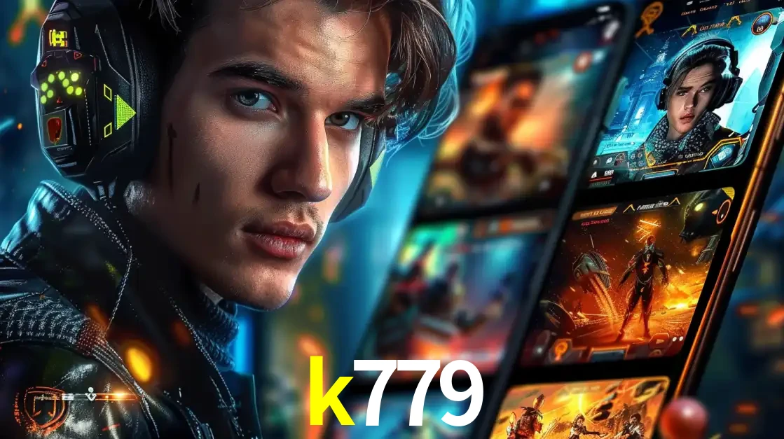 Jovem jogador com fones de ouvido olhando para a câmera, com um aplicativo de jogos e e-sports para celular ao fundo, pronto para a competição e apostas no k779.