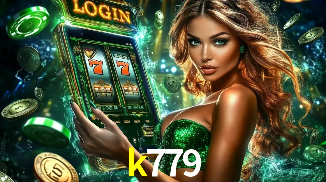 Mulher com tema verde apresentando o aplicativo do cassino k779 com um jogo de slot de 777, cercada por fichas de cassino e uma aura de sorte.