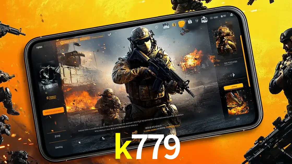 Um smartphone exibindo a interface de um jogo de tiro em primeira pessoa, com um soldado em um cenário de batalha, representando a ação dos e-sports para apostar no k779.