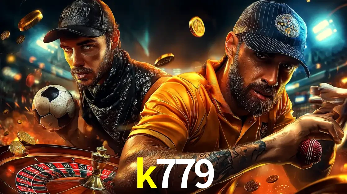 Montagem de apostas esportivas e cassino no k779, com um homem segurando uma bola de futebol e outro uma de beisebol sobre uma roleta e moedas voadoras.