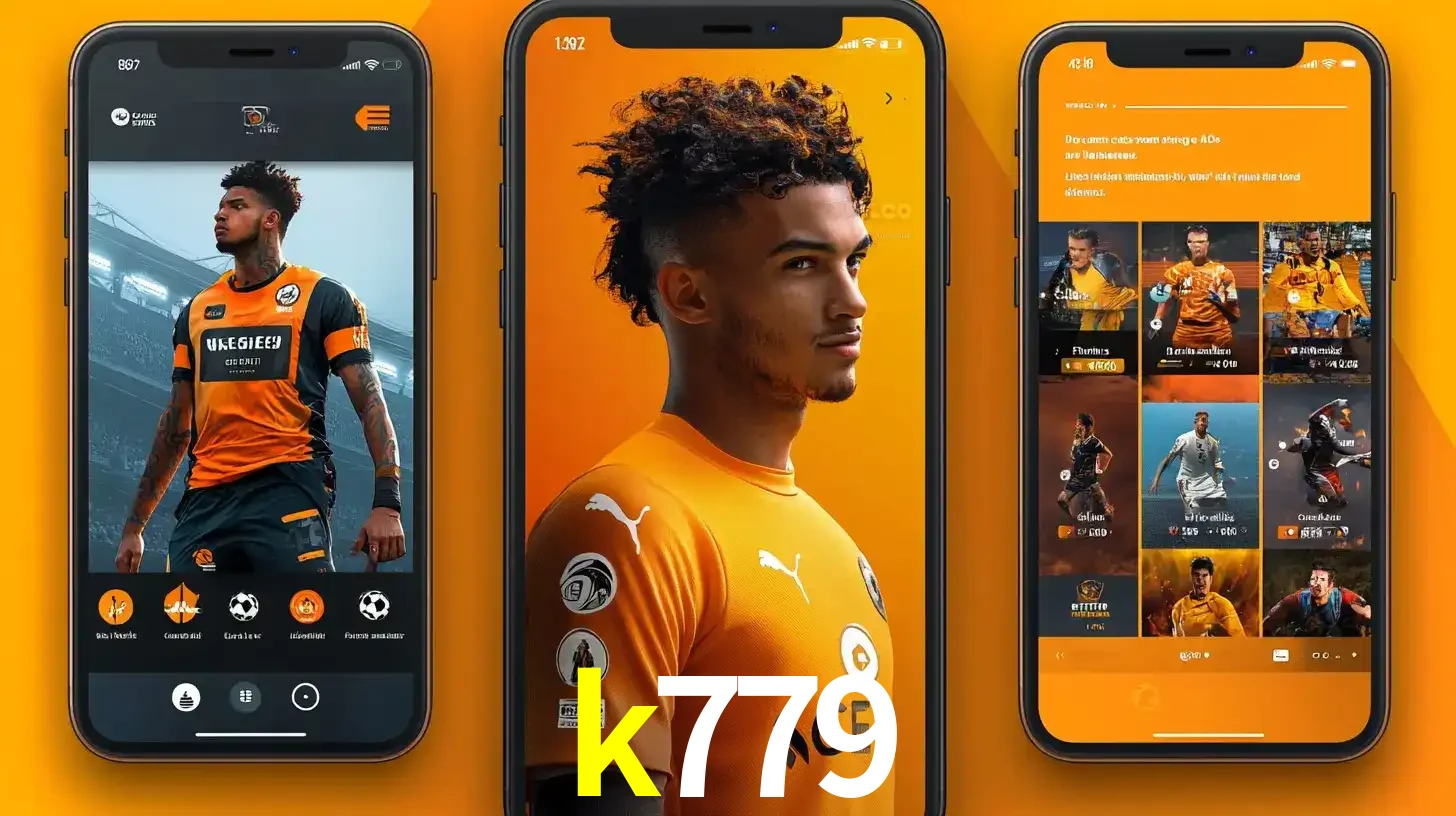 Interface do aplicativo de apostas esportivas k779 em três telas de celular, mostrando o perfil de um jogador de futebol e a lista de jogos disponíveis para apostar.