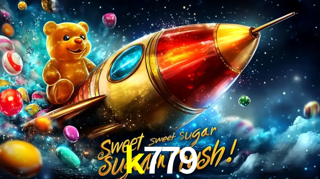 Arte promocional do jogo de slot Sugar Rush, com um urso de pelúcia em um foguete viajando pelo espaço de doces, um dos jogos divertidos disponíveis no cassino k779.