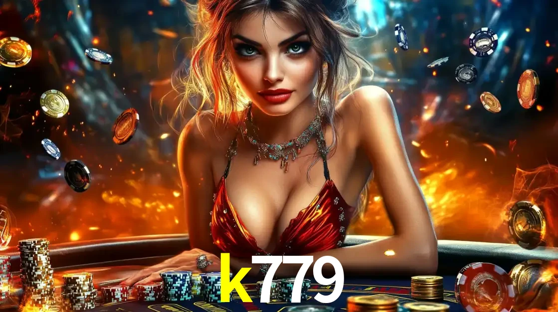 Mulher em uma mesa de cassino com pilhas de fichas e um fundo de fogo, pronta para uma rodada de altas apostas nos jogos de mesa emocionantes do cassino k779.