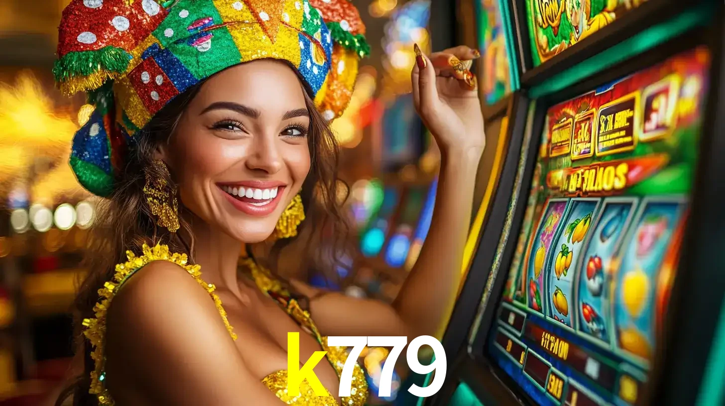 Mulher feliz com traje de carnaval amarelo e colorido ao lado de uma máquina de caça-níqueis, aproveitando a diversão e os jogos temáticos do cassino k779.