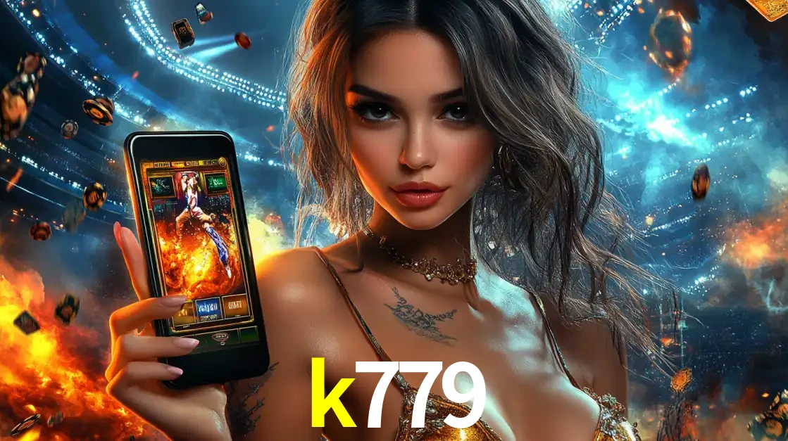 Mulher segurando um celular com um jogo de slot em destaque, tendo como fundo um estádio vibrante, simbolizando a emoção de jogar no cassino móvel k779.