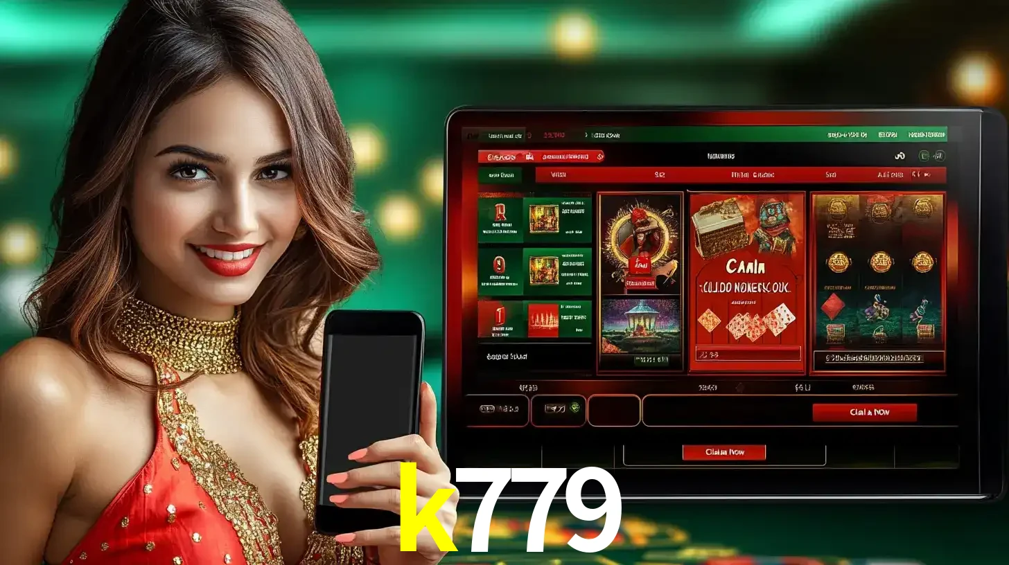 Mulher sorridente segurando um smartphone, ao lado de uma tela exibindo o lobby de jogos do cassino online k779, com várias opções de jogos de cartas e slots.